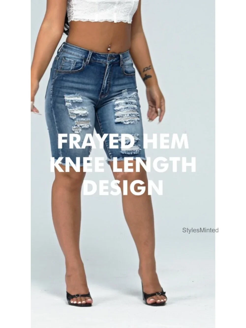 Ripped Stretchy Long Jean Shorts Mid Rise Frayed Cut Off Bermuda Shorts